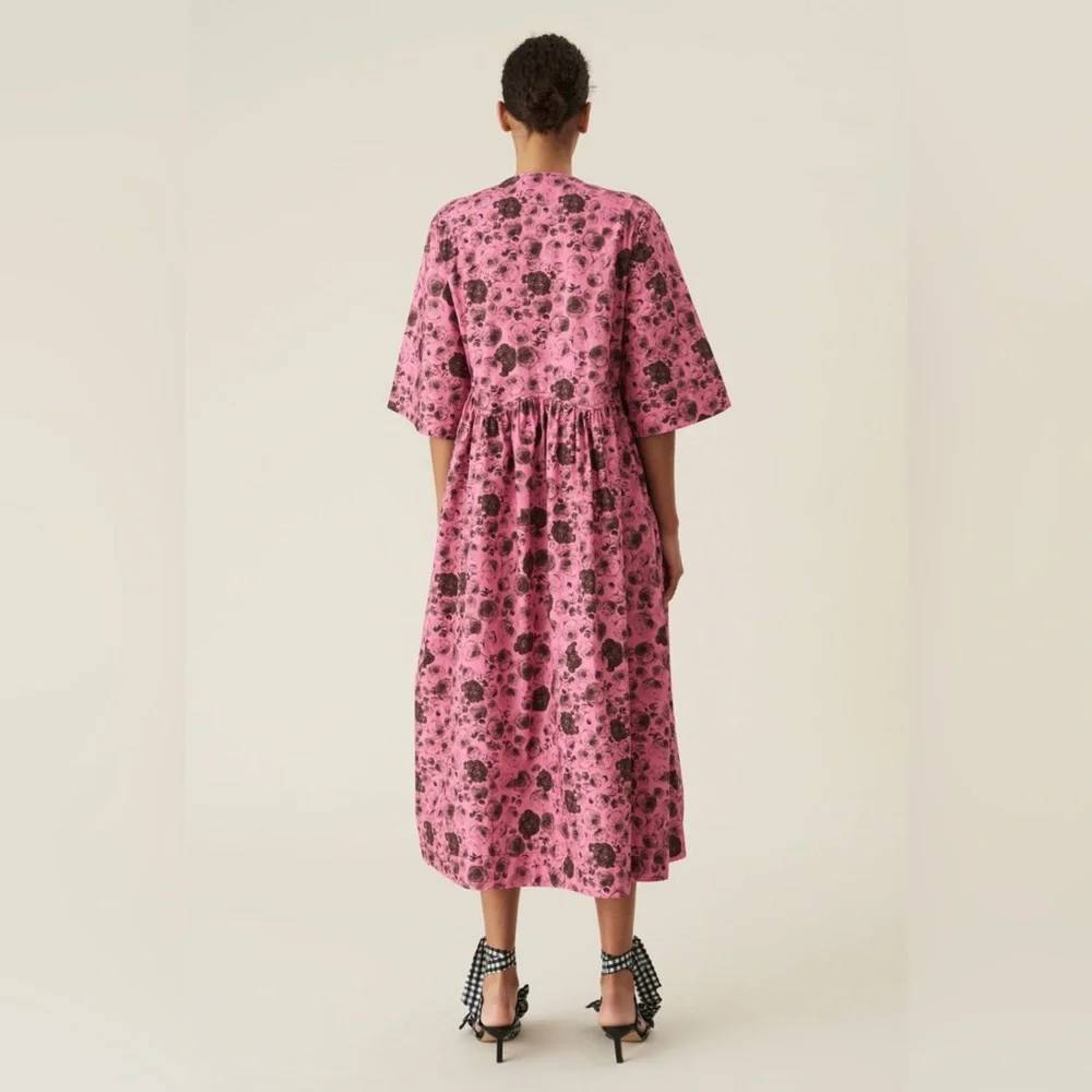 Ganni Rose Print Wrap Pink Dress - Picture 2 of 7